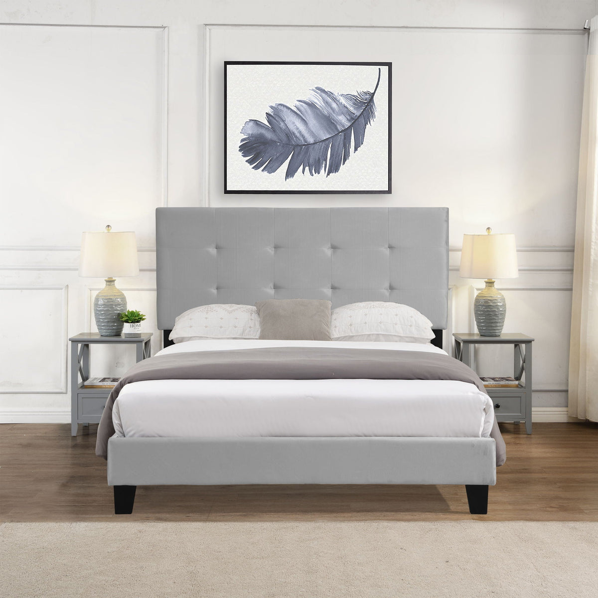 Queen Size Upholstered Platform Bed Frame with Tufted Headboard - Gray