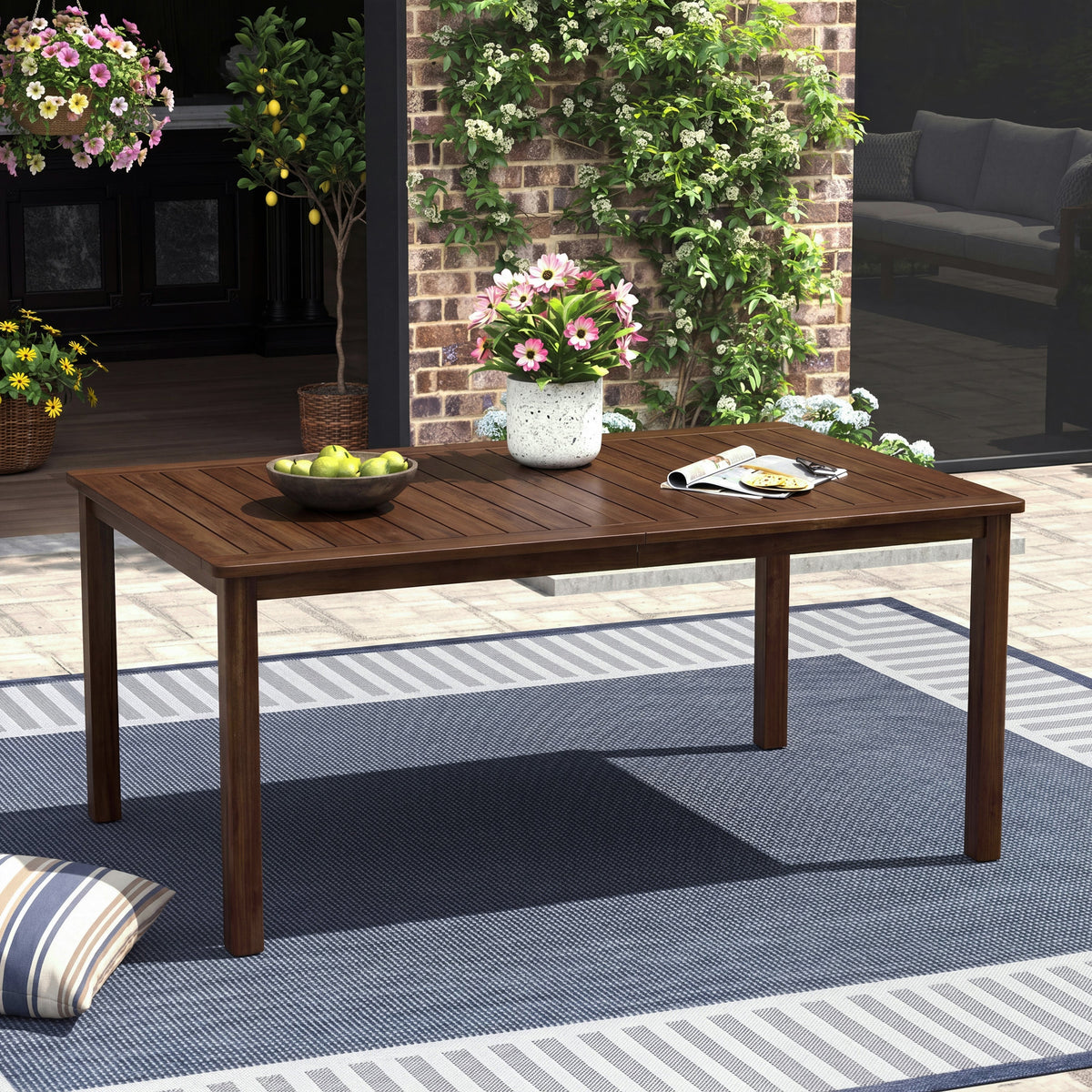 Rectangular Acacia Outdoor Dining Table with Slatted Top - Natural Wood