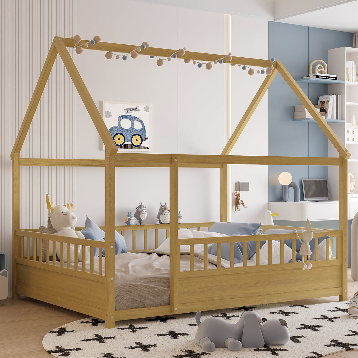 Full Size Wooden Bed with House Roof Frame - Natural