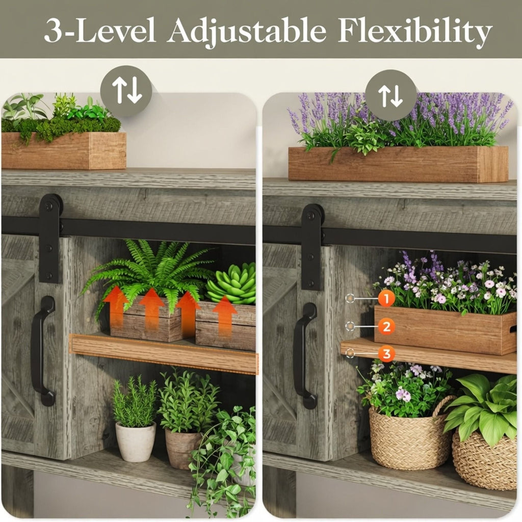 Farmhouse Entryway Table with Sliding Barn Door - Gray, Dark Gray, White, Black