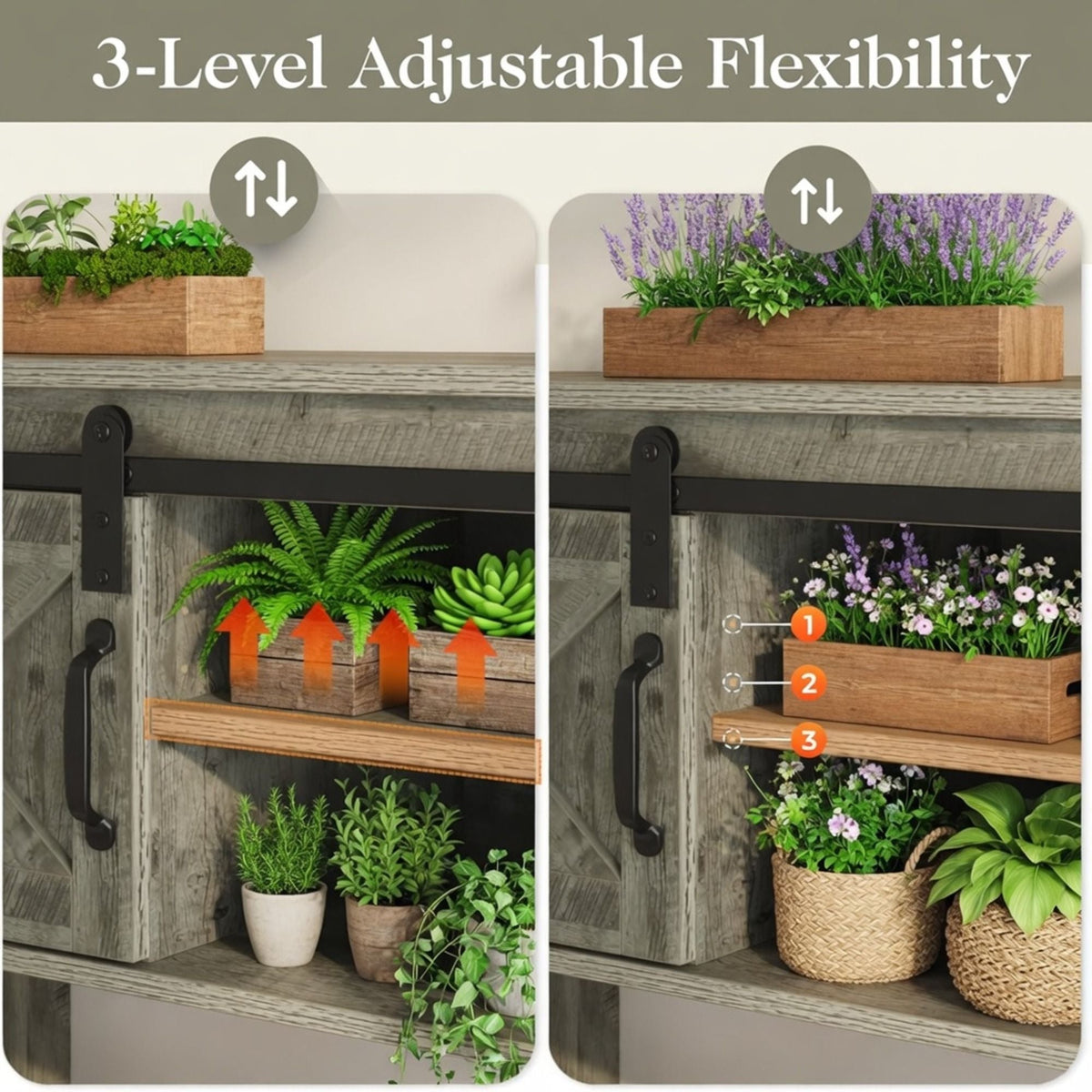 Farmhouse Entryway Table with Sliding Barn Door - Gray, Dark Gray, White, Black