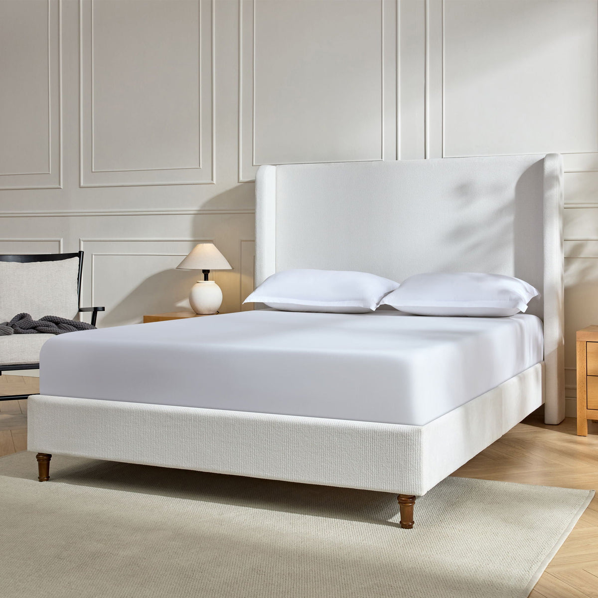 Tall Headboard Upholstered Bed with No Box Spring Needed - Cream