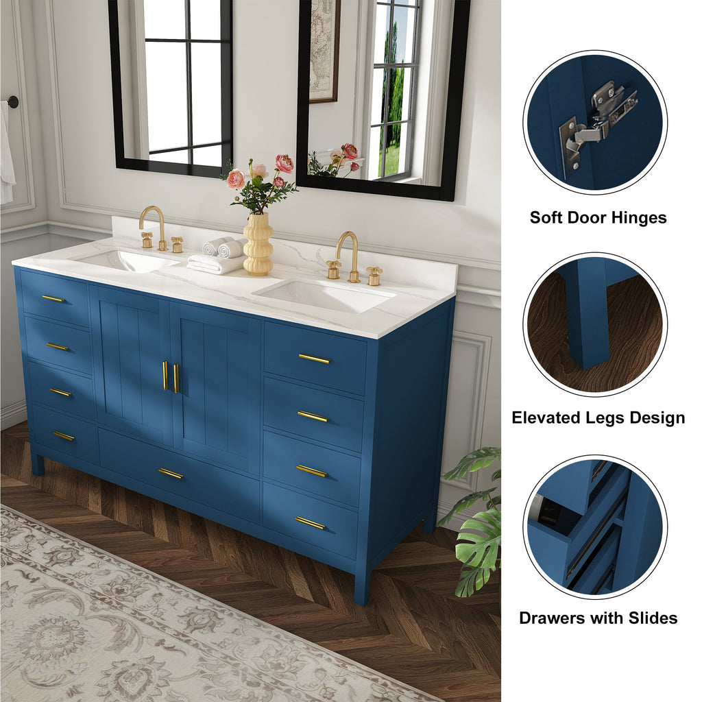 60" Solid Wood Bathroom Vanity with Double Sinks and Quartz Top - Blue