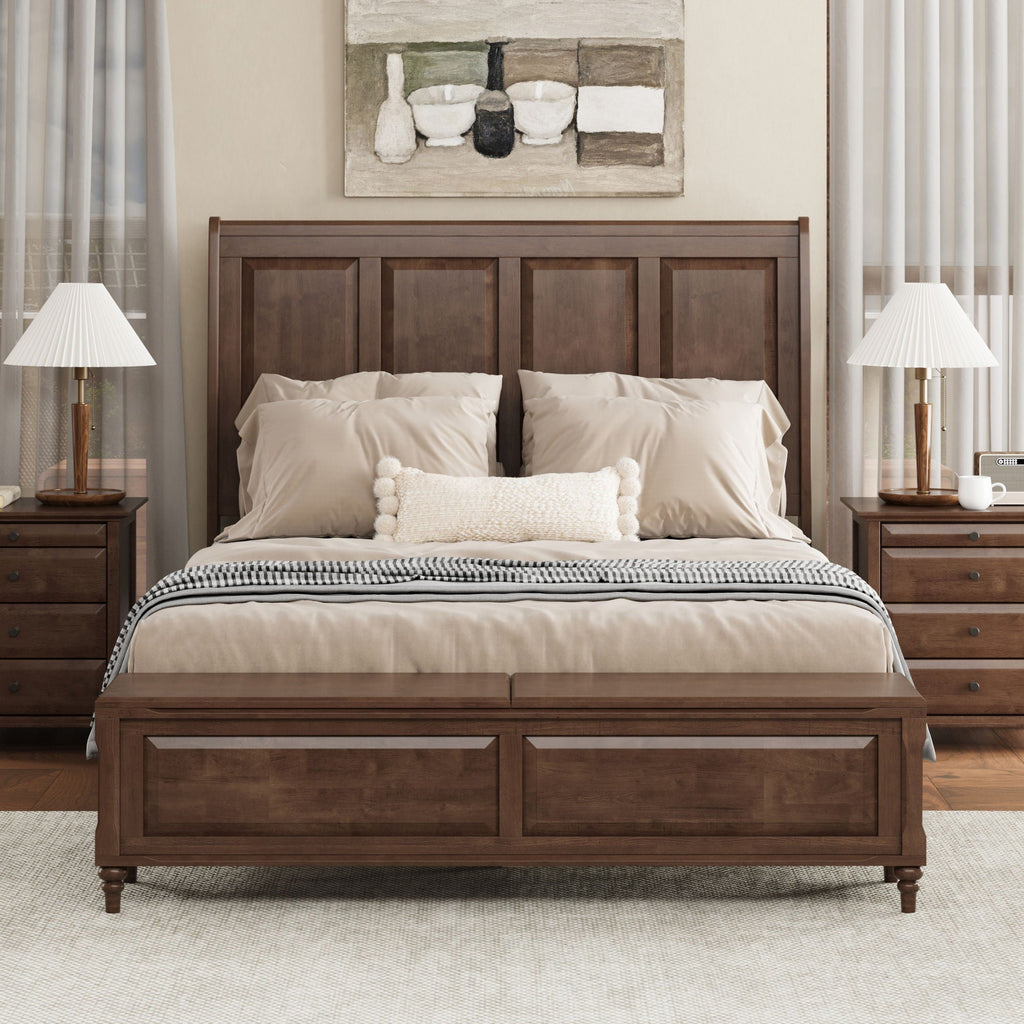 Sleigh Bed Frame with Tall Headboard and Storage Bench - Dark or Light Brown