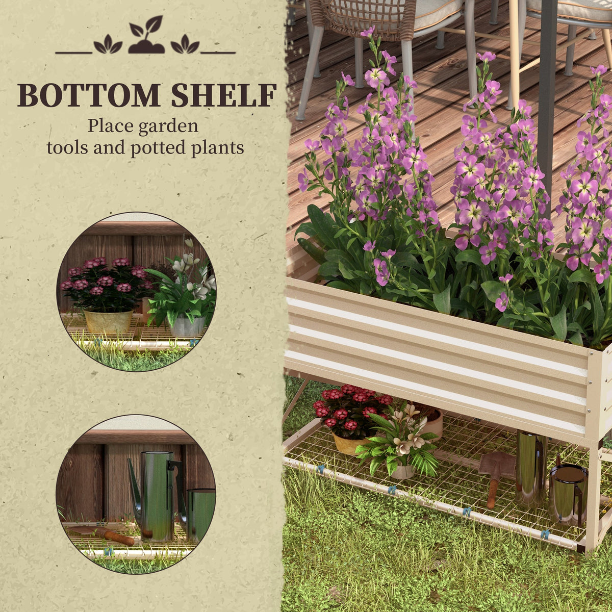 Galvanized Steel Raised Garden Bed with Bottom Shelf - Silver