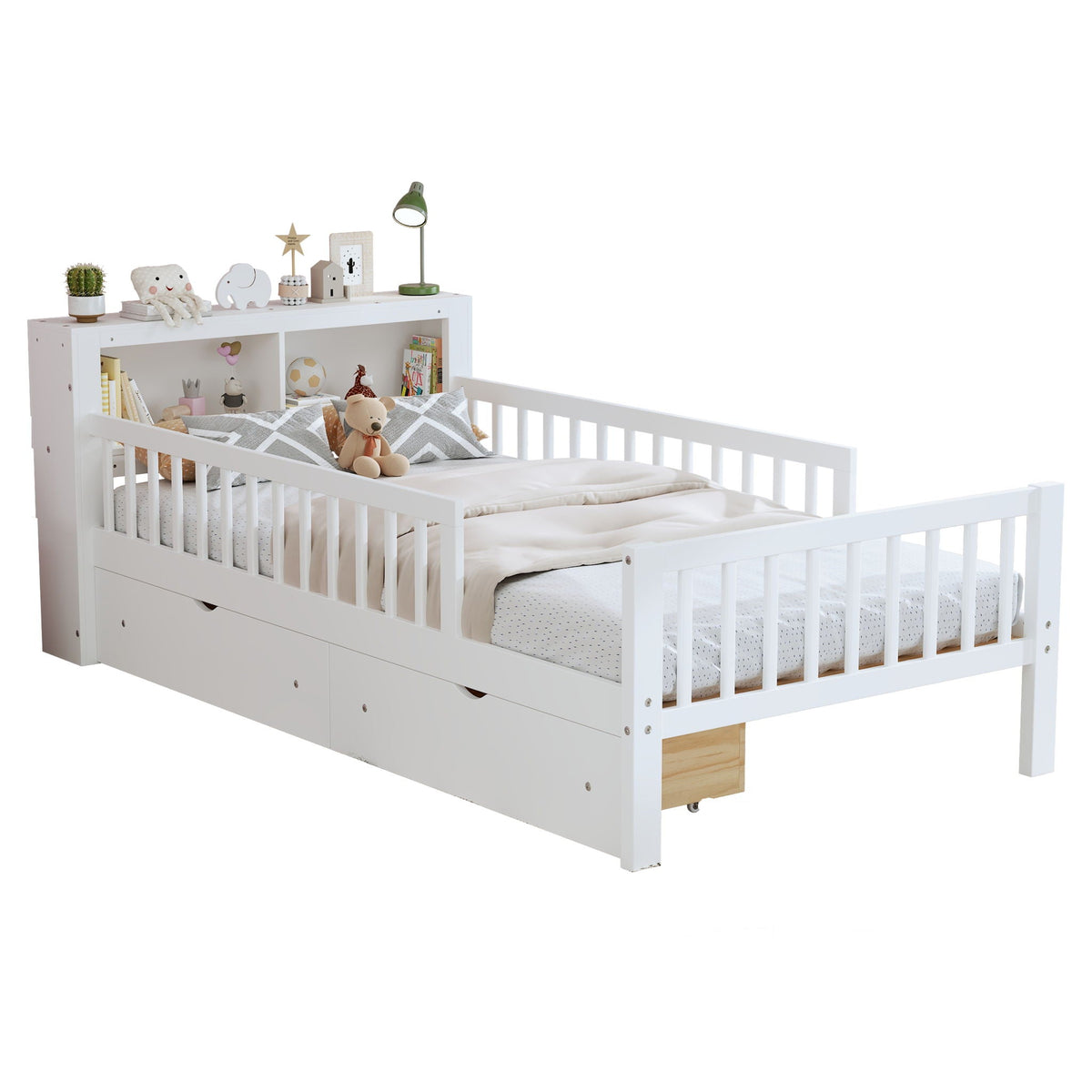 Twin Storage Bed with Headboard Rack & Under-Bed Drawers - Multiple Colors