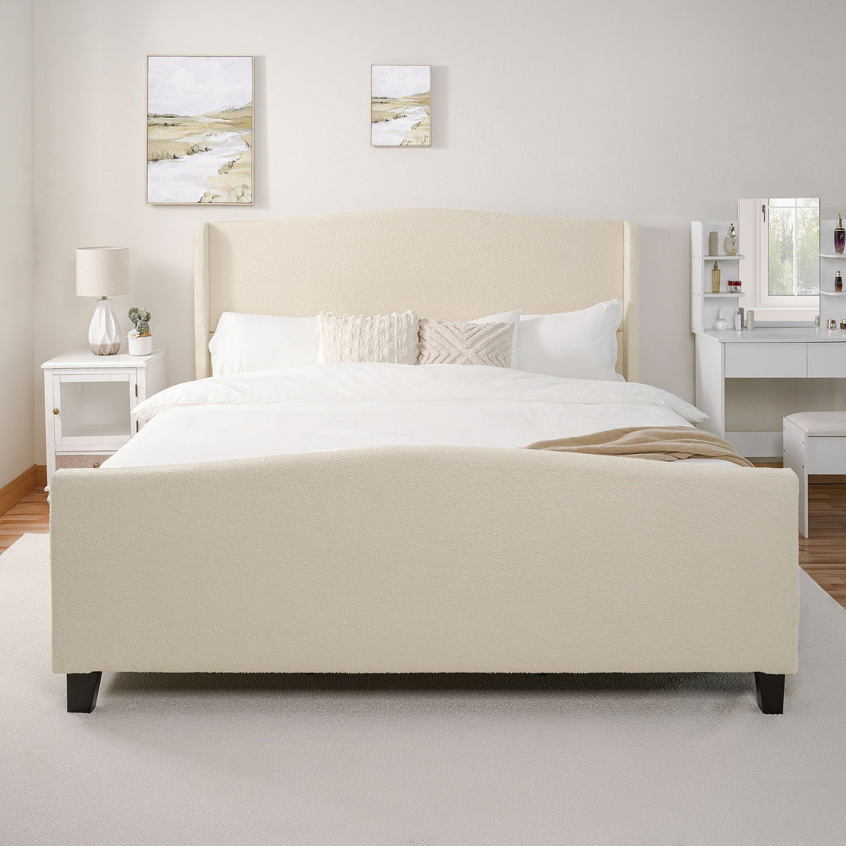Platform Bed Frame with Tall Headboard and High Footboard - White or Gray