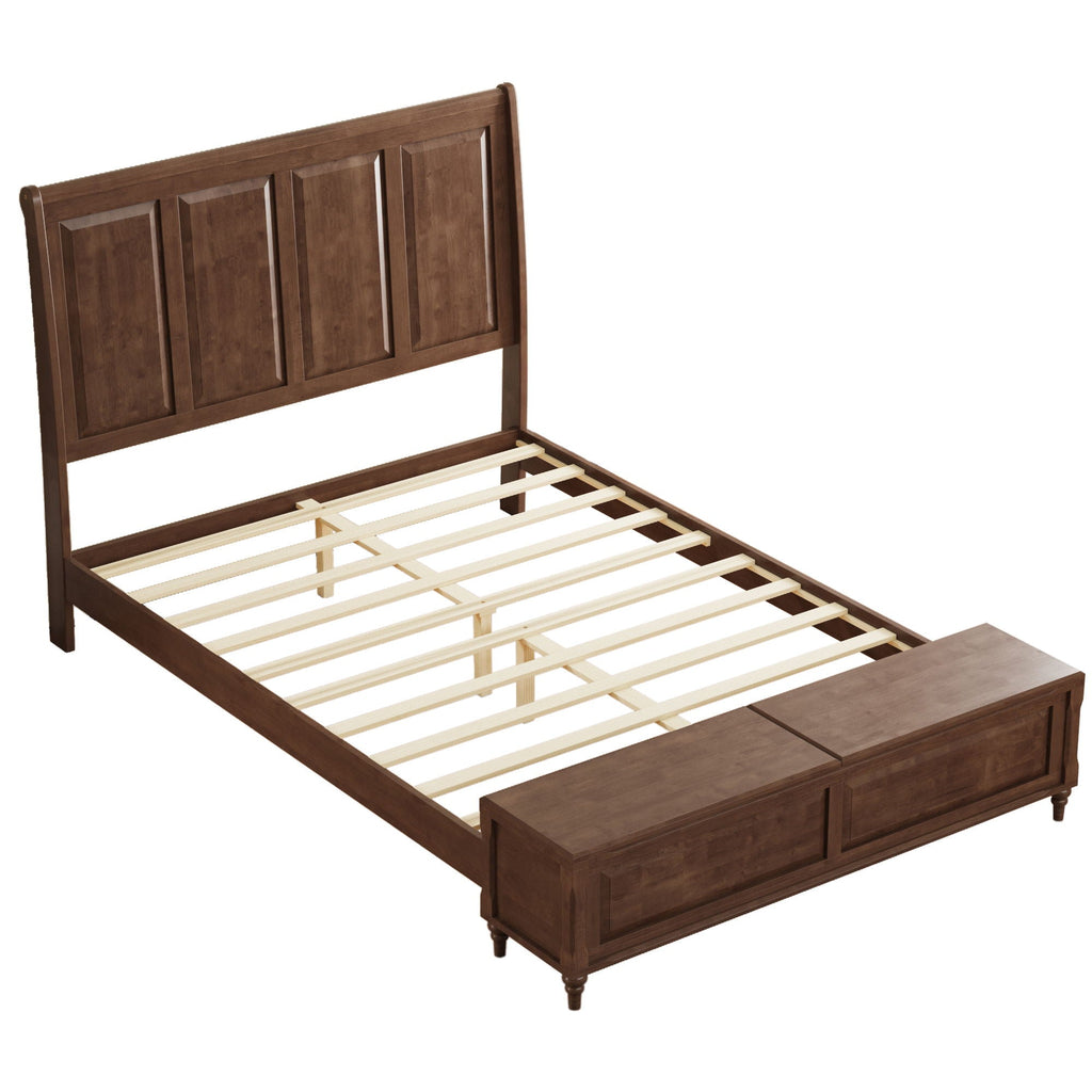 Sleigh Bed Frame with Tall Headboard and Storage Bench - Dark or Light Brown