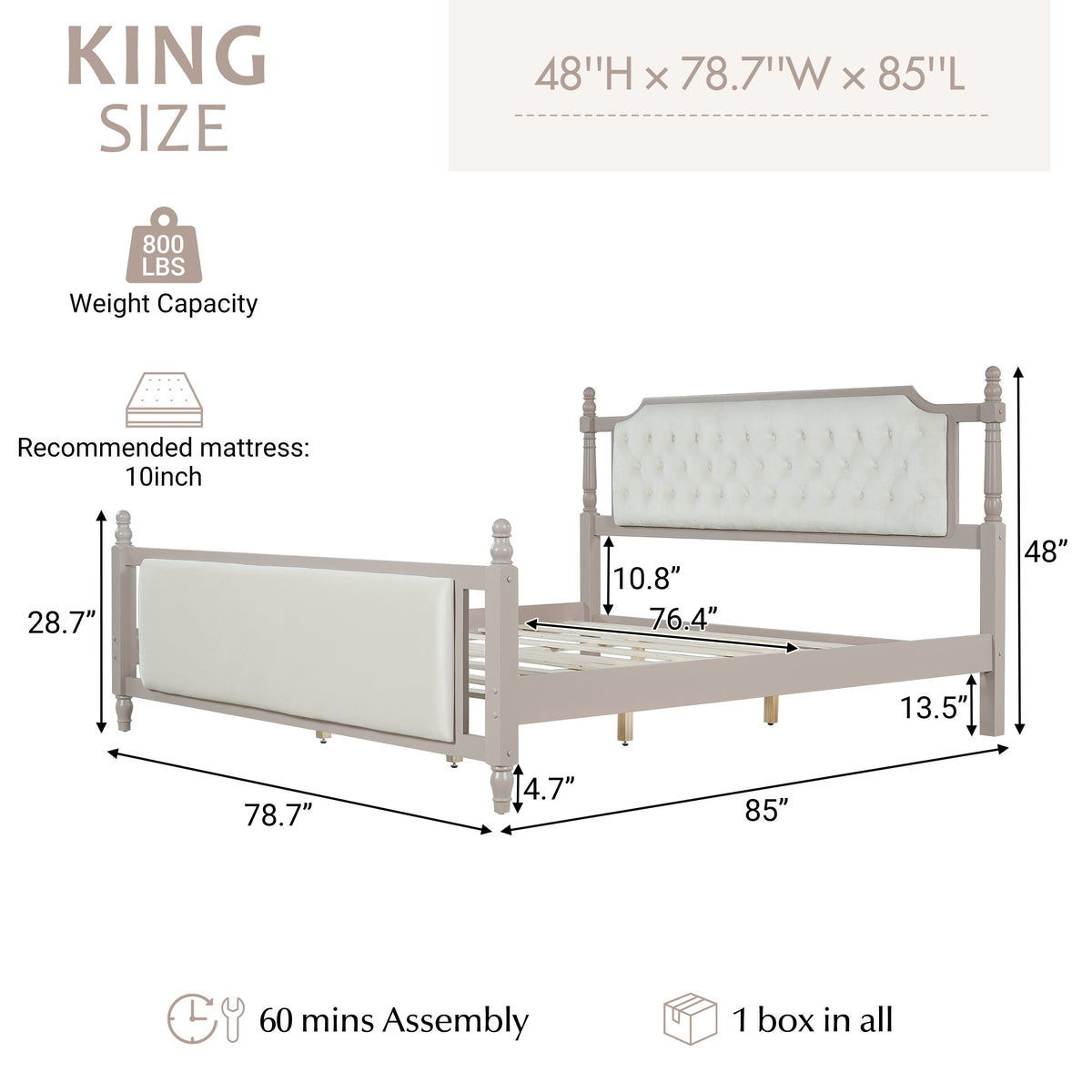 King Size Upholstered Platform Bed with Velvet Button Tufted Headboard