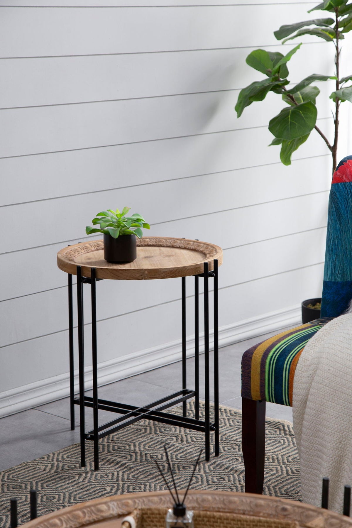 Round Side Table With Wood Top - Black Brown