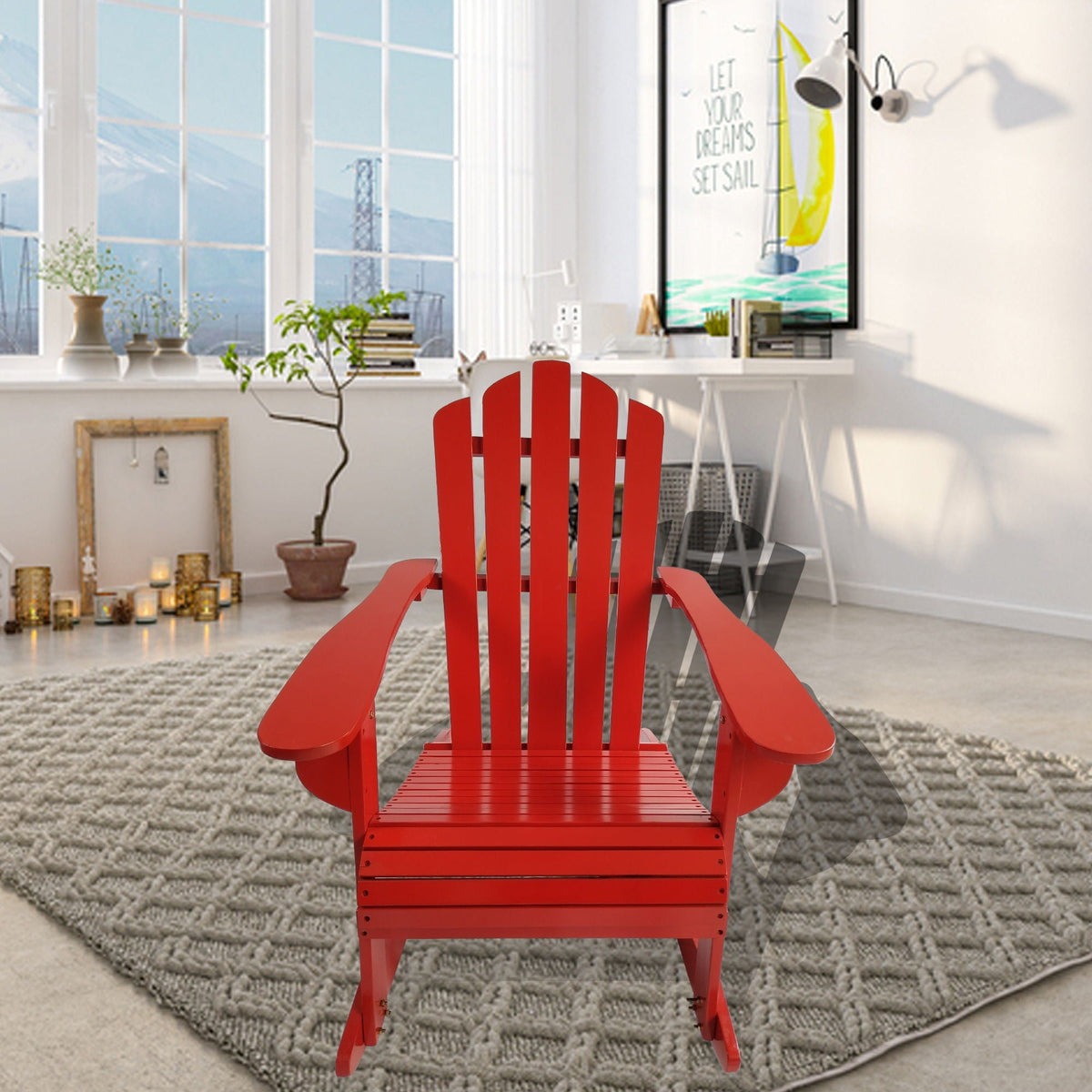 Reclining Outdoor Rocking Adirondack Chair with Populus Wood Construction - Red or Dark Gray