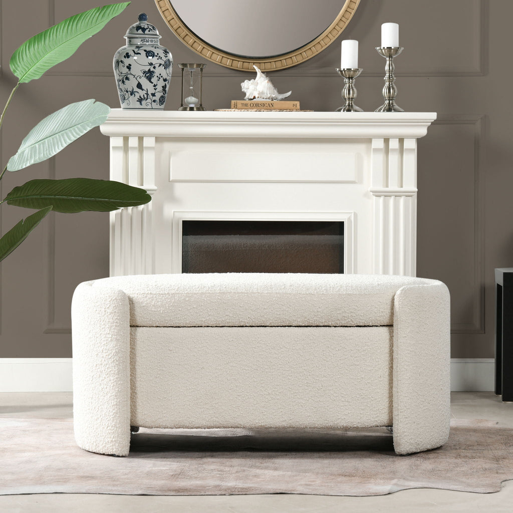 Ivory White Oval Storage Bench with Three-Compartment Interior - Upholstered