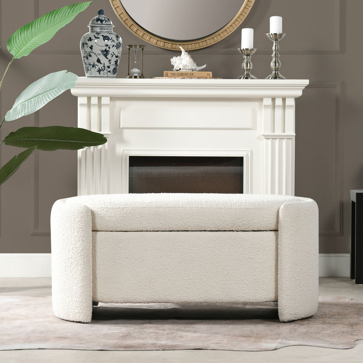 Ivory White Oval Storage Bench with Three-Compartment Interior - Upholstered
