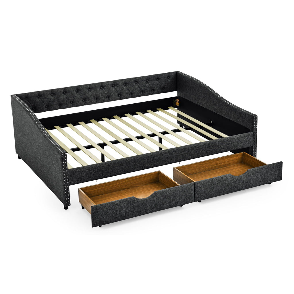 Upholstered Tufted Daybed with 2 Drawers and Waved Arms - Multiple Colors