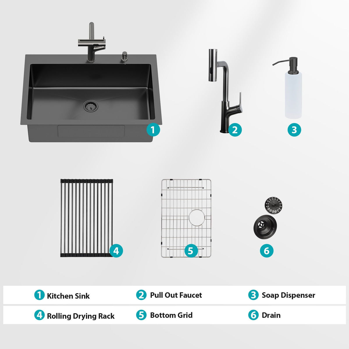 Stainless Steel Drop-In Kitchen Sink with Multi-Function Faucet - Black