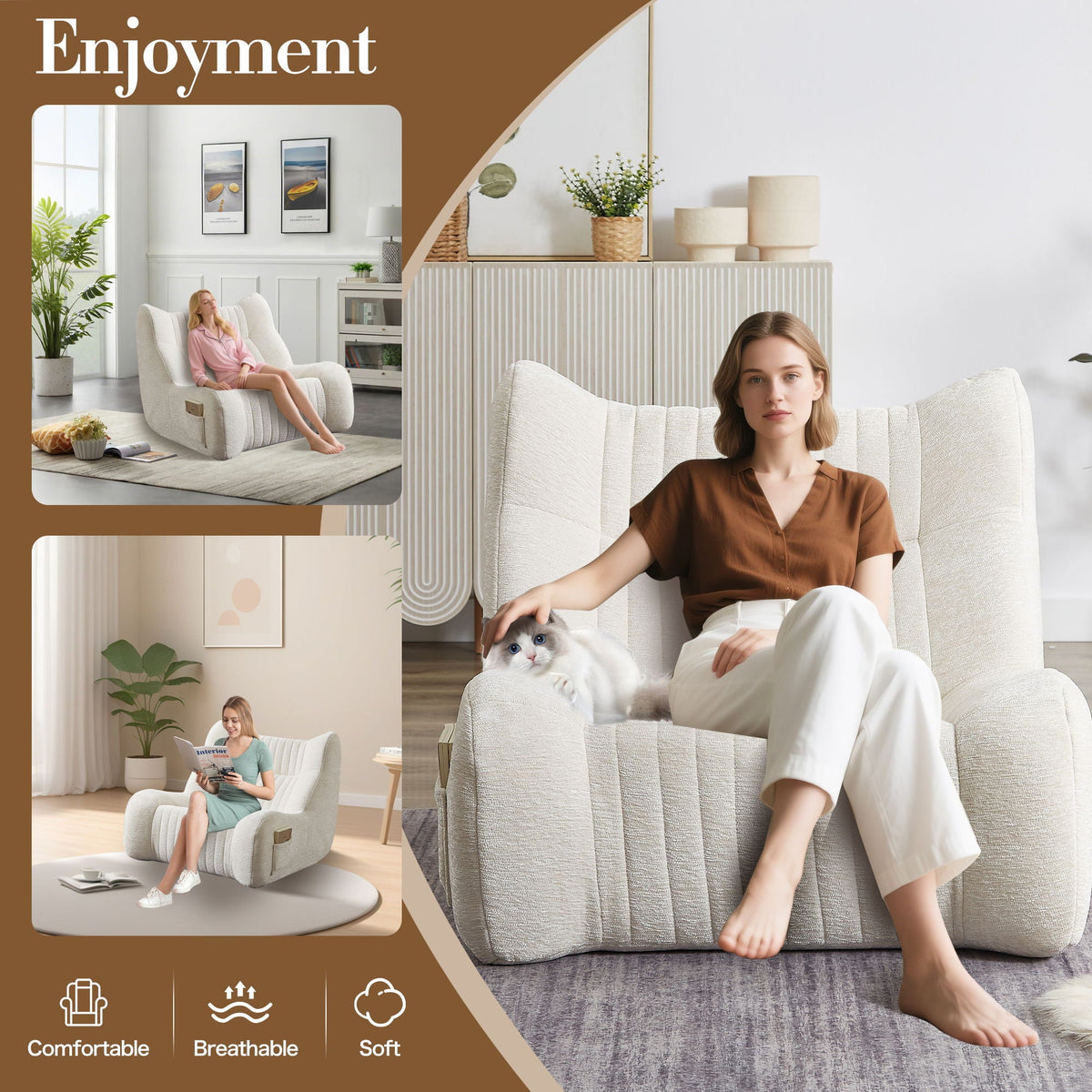 White Bean Bag Chair for Adults with Memory Foam - Chenille Fabric