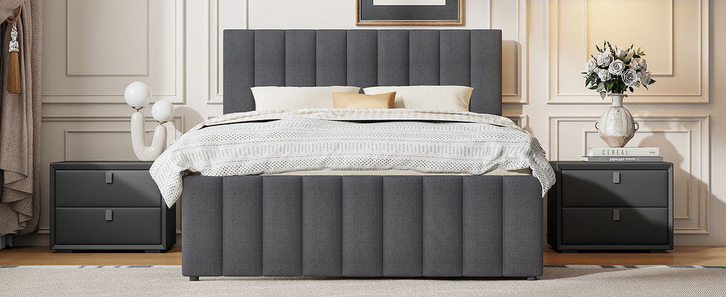 Upholstered Platform Bed with Twin Size Trundle and 3 Drawers - Beige, Full