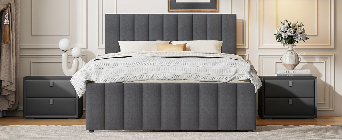 Upholstered Platform Bed with Twin Size Trundle and 3 Drawers - Beige, Full