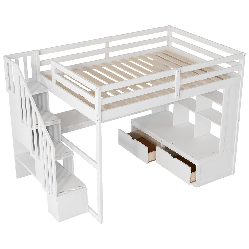 Full Size Loft Bed with Desk, Drawers & Storage Staircase - White