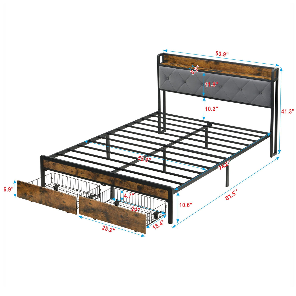 Modern Bed Frame with LED Lights and USB Charging - Light or Dark Brown