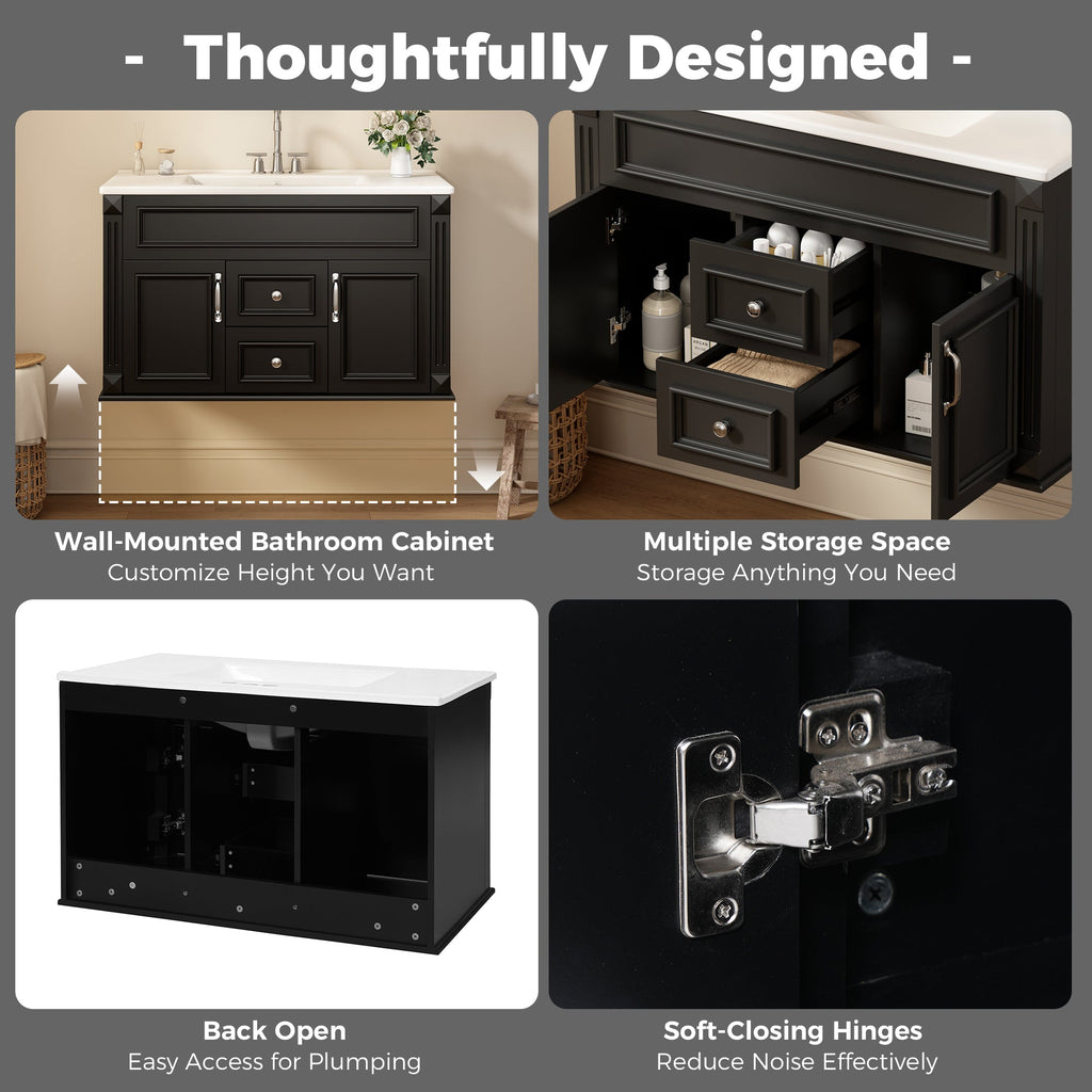 36 Inch Wall Mounted Bathroom Vanity with Ceramic Sink - Multiple Colors