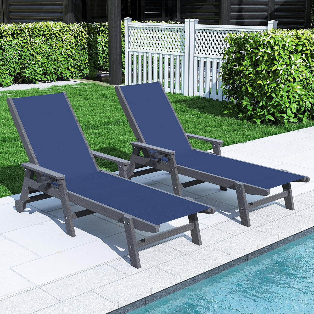 Outdoor Pool Lounge Chairs Set of 2 with Adjustable Backrest - Navy Blue or Grey