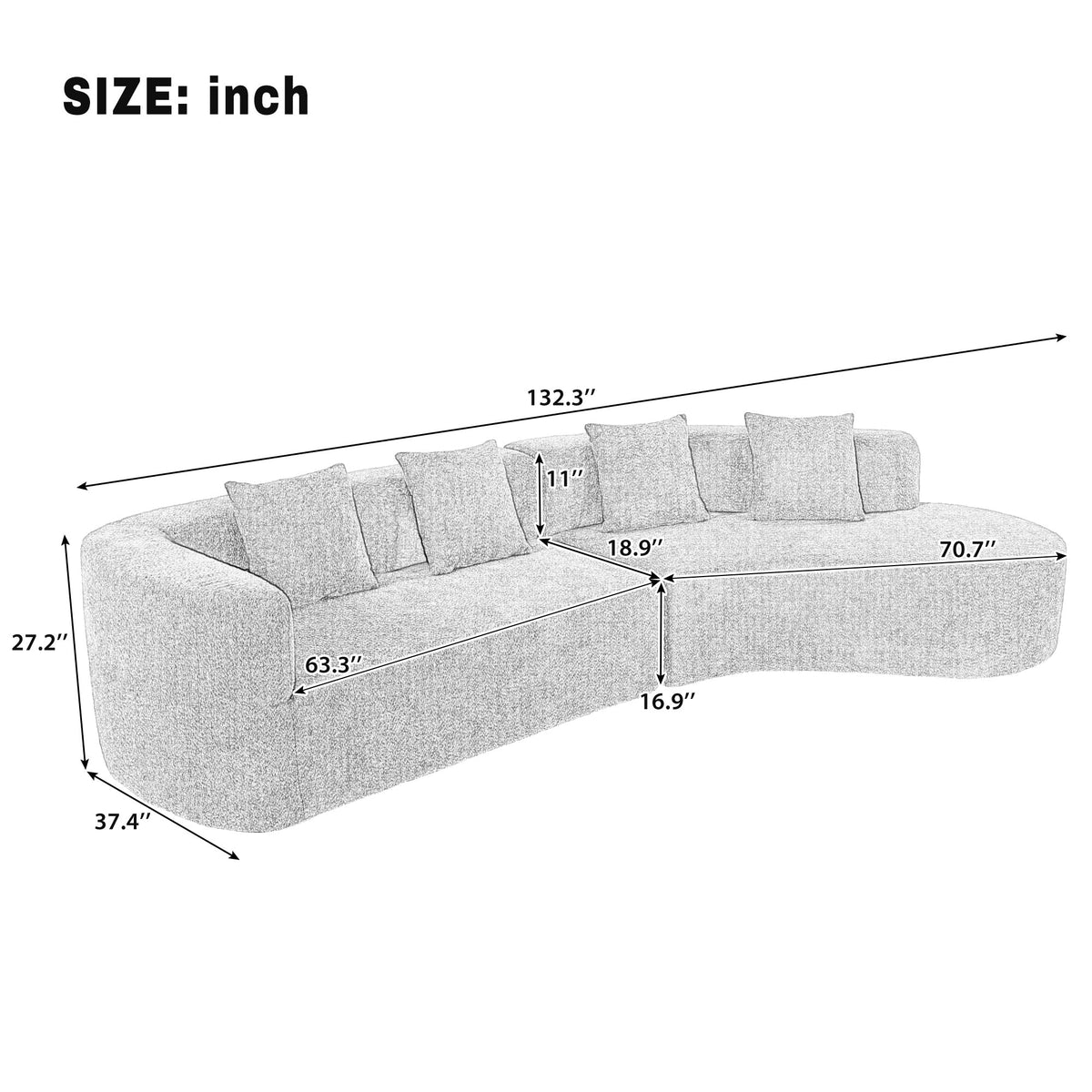 132" Modern Sectional Sofa with Curved Modular Design - Chenille