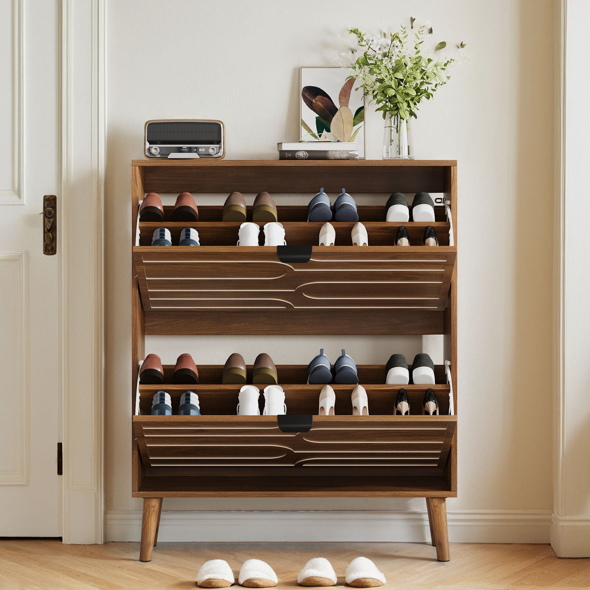 Dark Brown Shoe Cabinet with 2 Flip Drawers - Particle Board