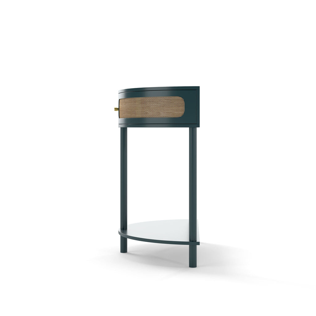 Boho Rattan Semi Circle End Table with Sliding Door and Storage - Black or Dark Green