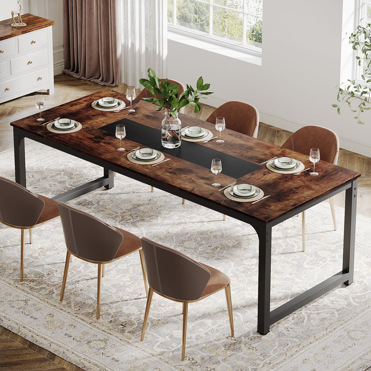 Rectangular Kitchen & Dining Room Table with Heavy-Duty Steel Frame - Brown / Black