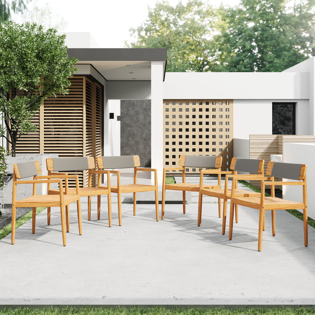 Creative Braided Acacia Wood Outdoor Dining Chairs with Armrests - Grey