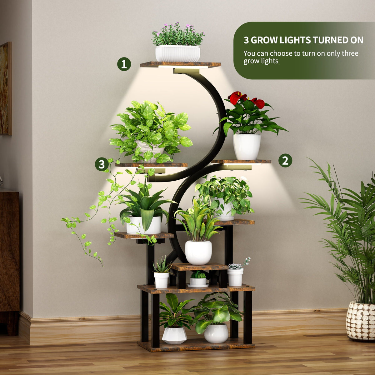 8 Tier Indoor Plant Stand With 5 Grow Lights - Rustic Brown