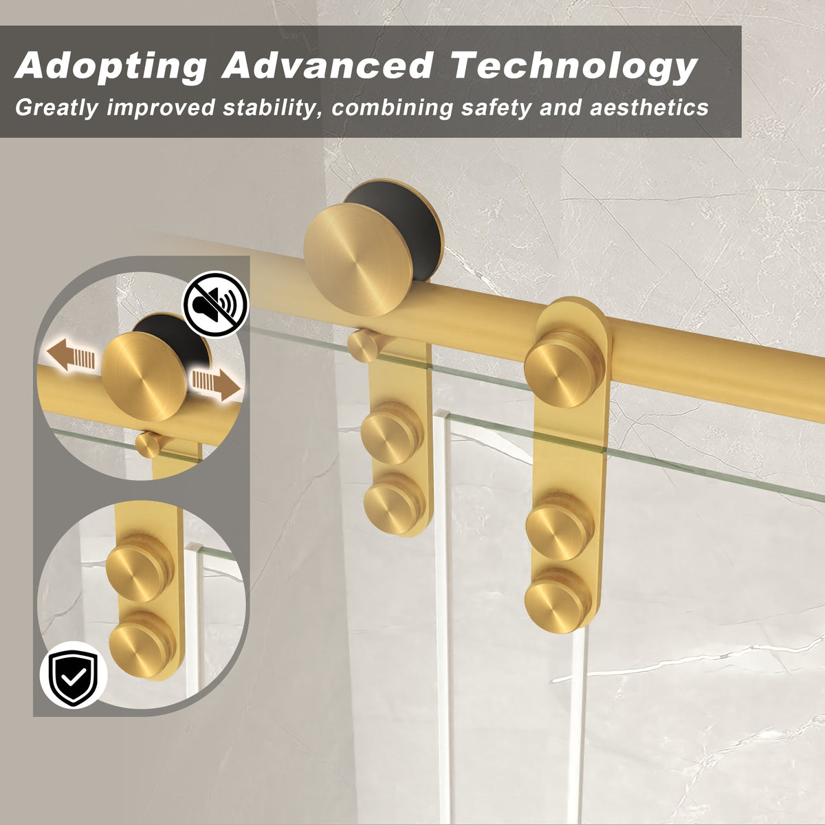 Frameless Sliding Shower Door with Clear Tempered Glass - Brushed Gold