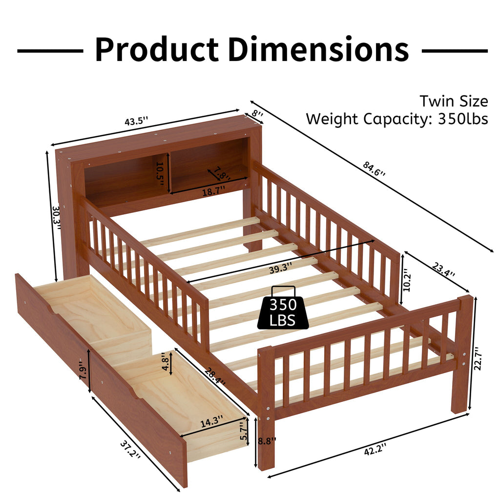Twin Storage Bed with Headboard Rack & Under-Bed Drawers - Multiple Colors