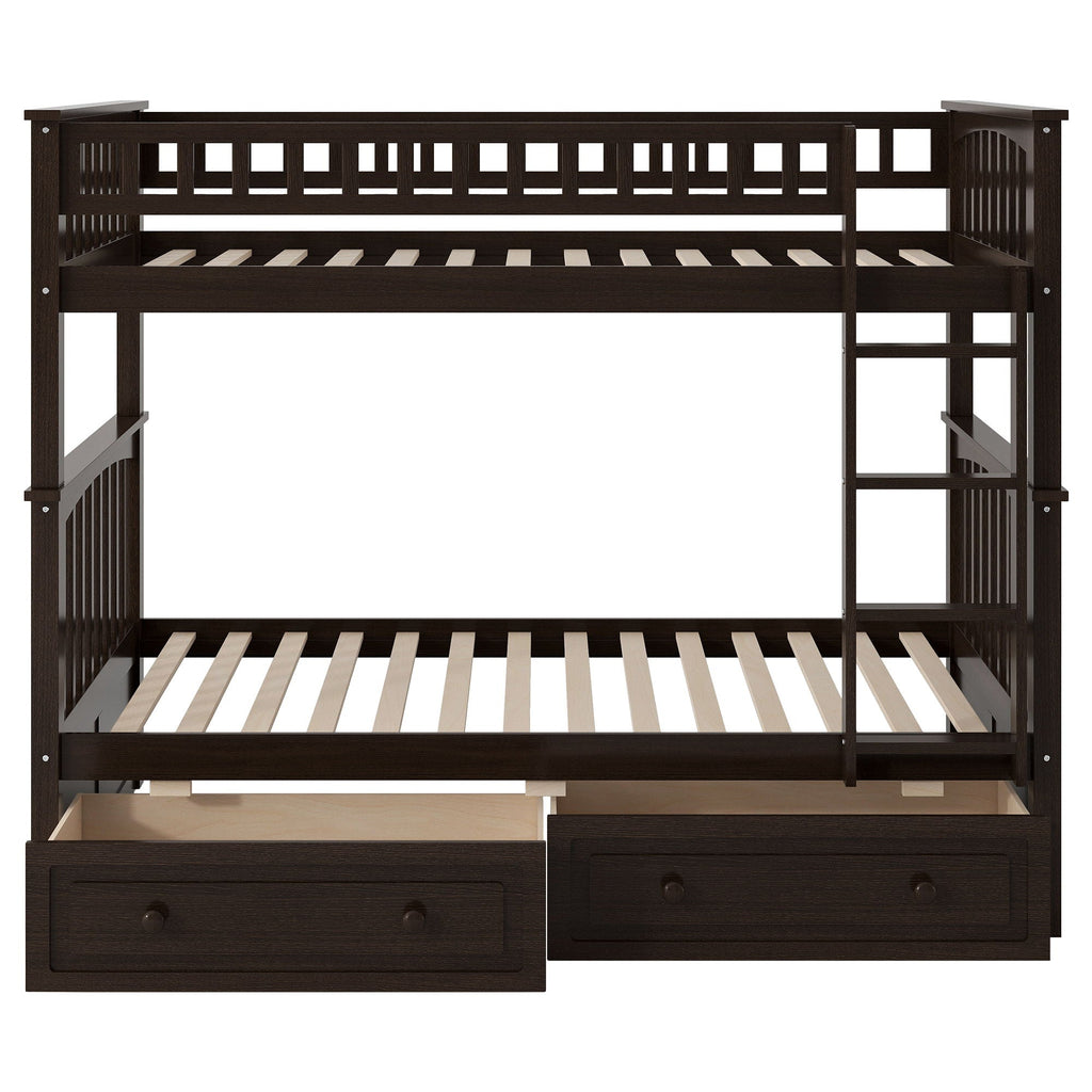 Convertible Bunk Bed With Drawers - Solid Wood with Storage - White, Dark Brown or Dark Gray