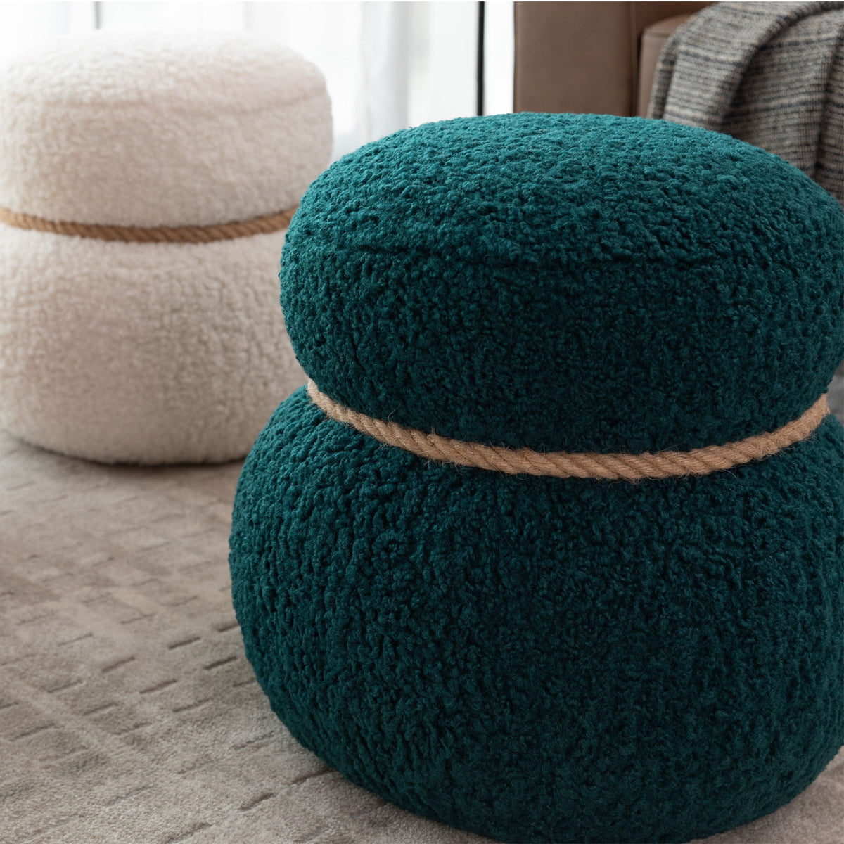 Snowman Stool Ottoman with Lamb Wool Cushion and Solid Wood Frame - White, Light Brown, Dark Green