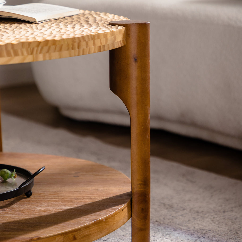 Round Coffee Table with Solid Wood Base and 2-Tier Storage - Natural