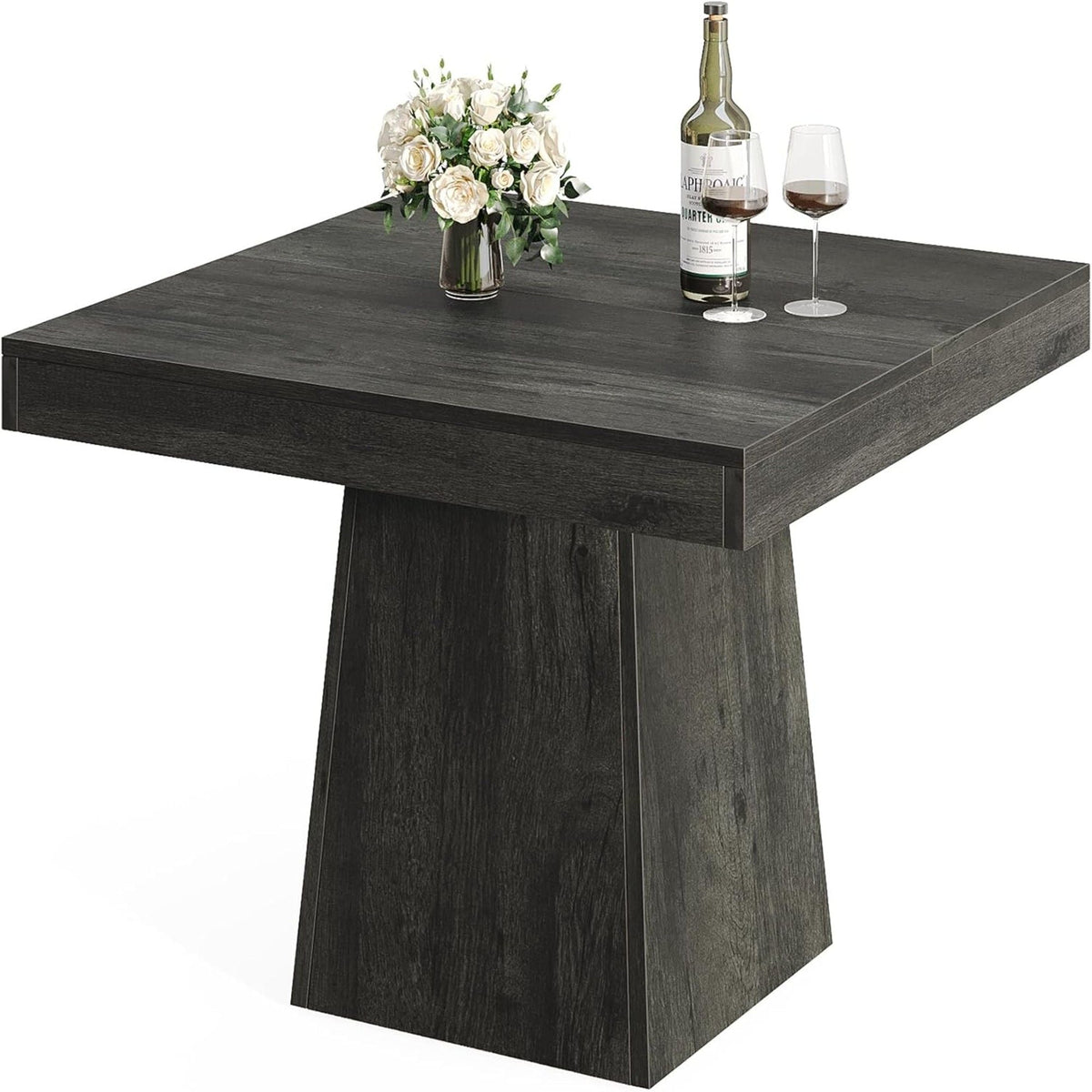 Square Dining Table for 4 with Thick Grain Top and Sturdy Pedestal Base - Gray