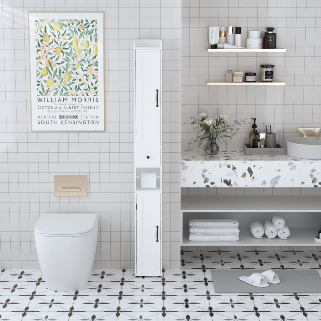 Slim Tall Bathroom Storage Cabinet with Adjustable Shelves - White