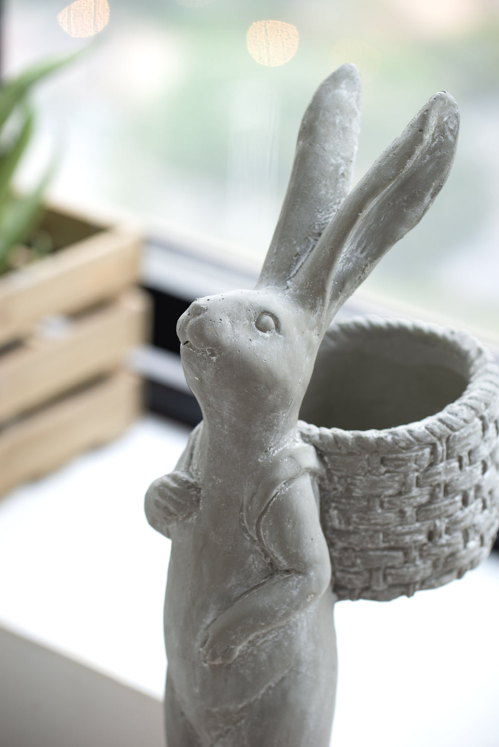 Tall Cement Rabbit Planter with Basket - Organic Gray