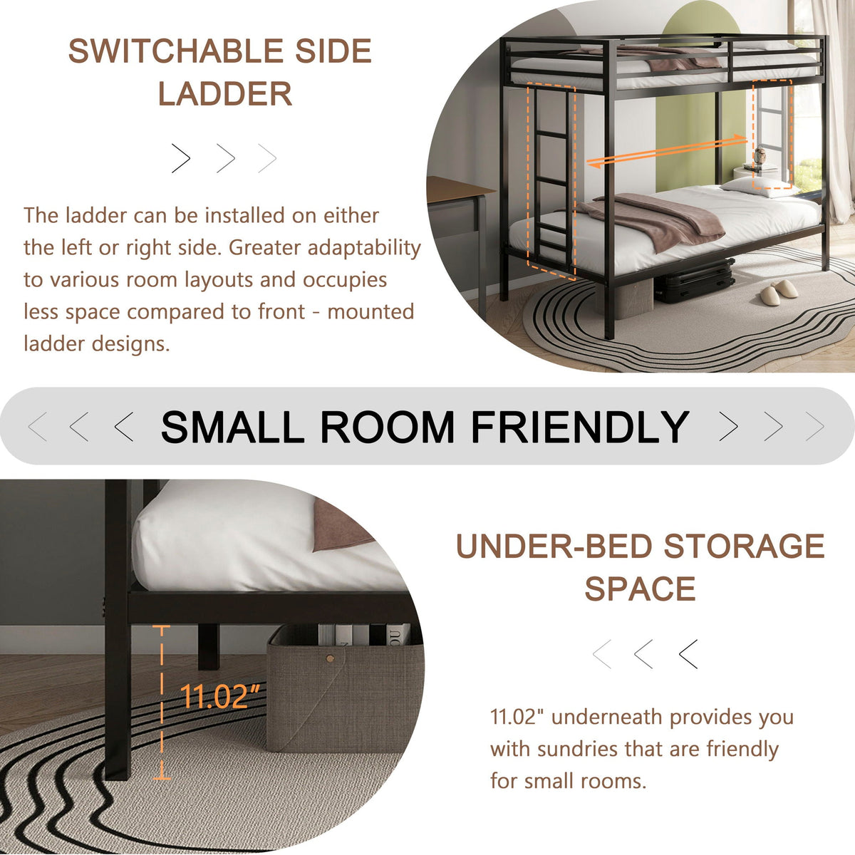 Twin Over Twin Bunk Bed with Safety Guardrails - Black