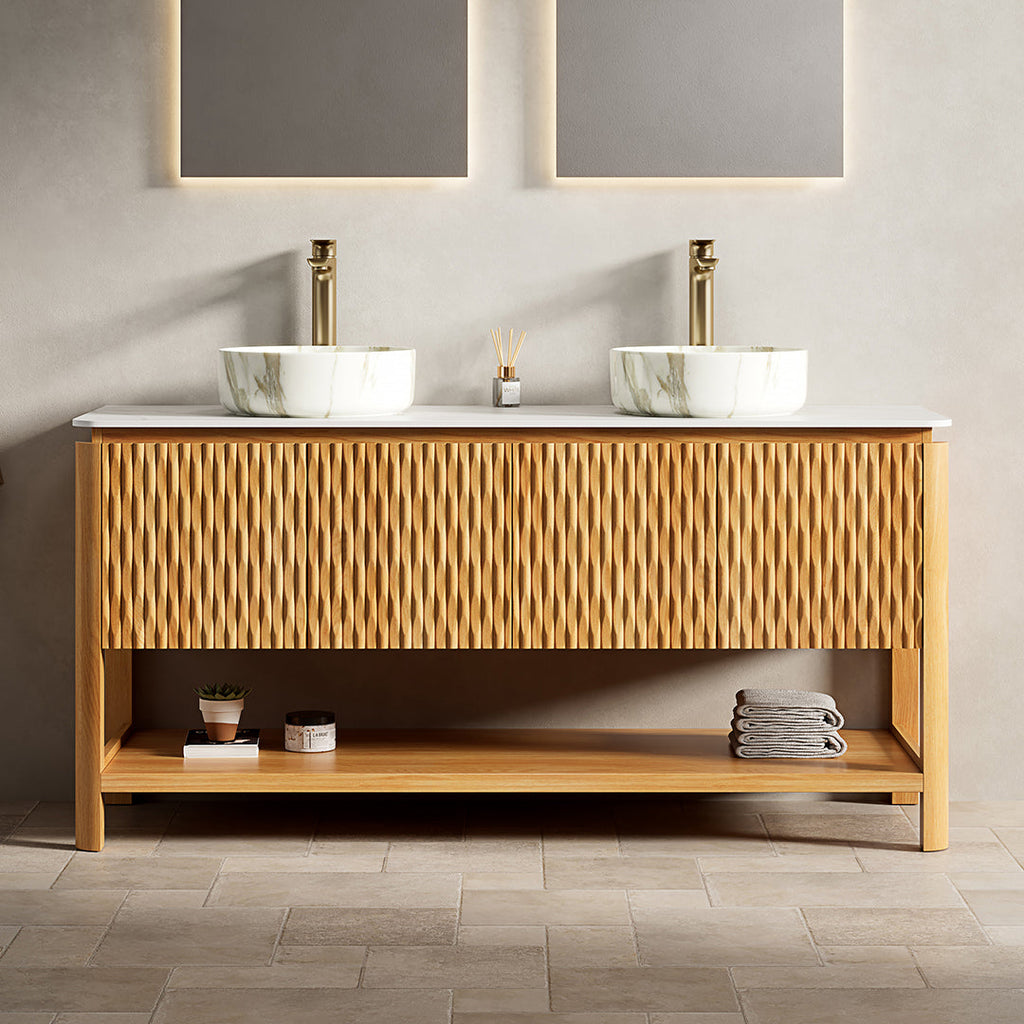 60" Bathroom Vanity with Sintered Stone Top and Dual Sinks - Natural Finish