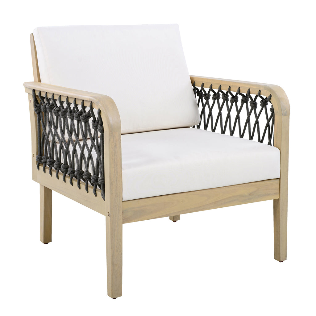 Outdoor Acacia Wood Club Chair with Handwoven Rope Armrests - Cream