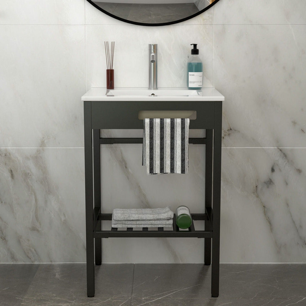 Console Sink With Legs, 24" X 18", Durable Porcelain With Frame - White / Black
