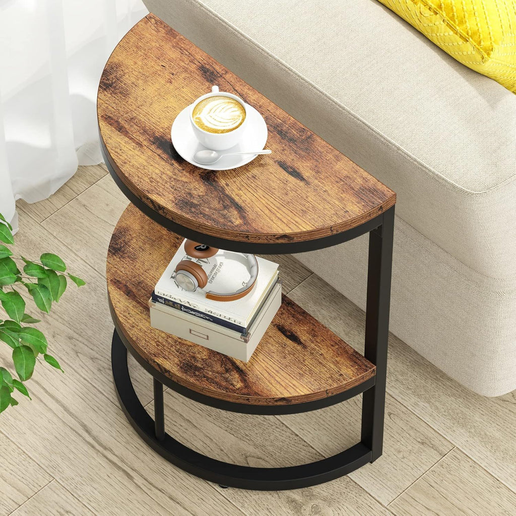 Slim Half Moon 2 Tier Semi Circle End Table with Wide Storage - Rustic Brown