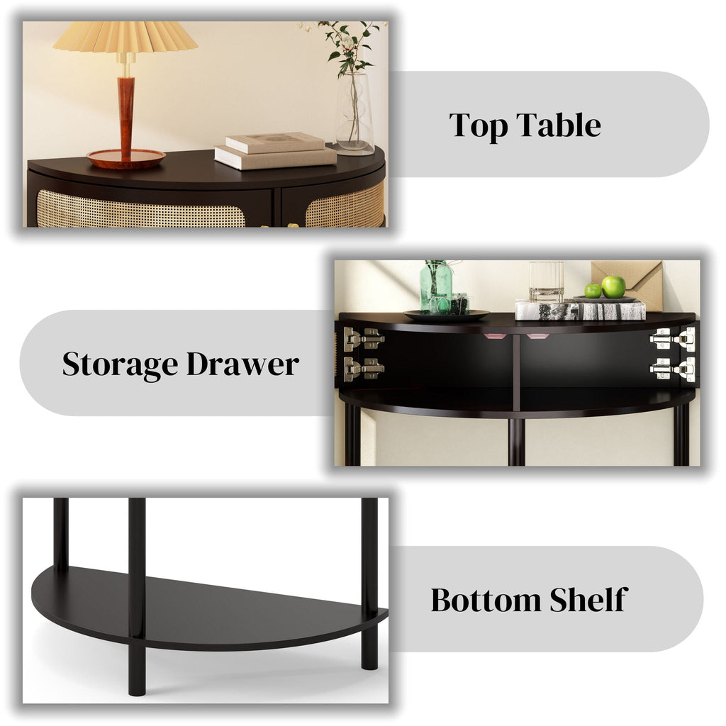 Boho Rattan Semi Circle End Table with Sliding Door and Storage - Black or Dark Green