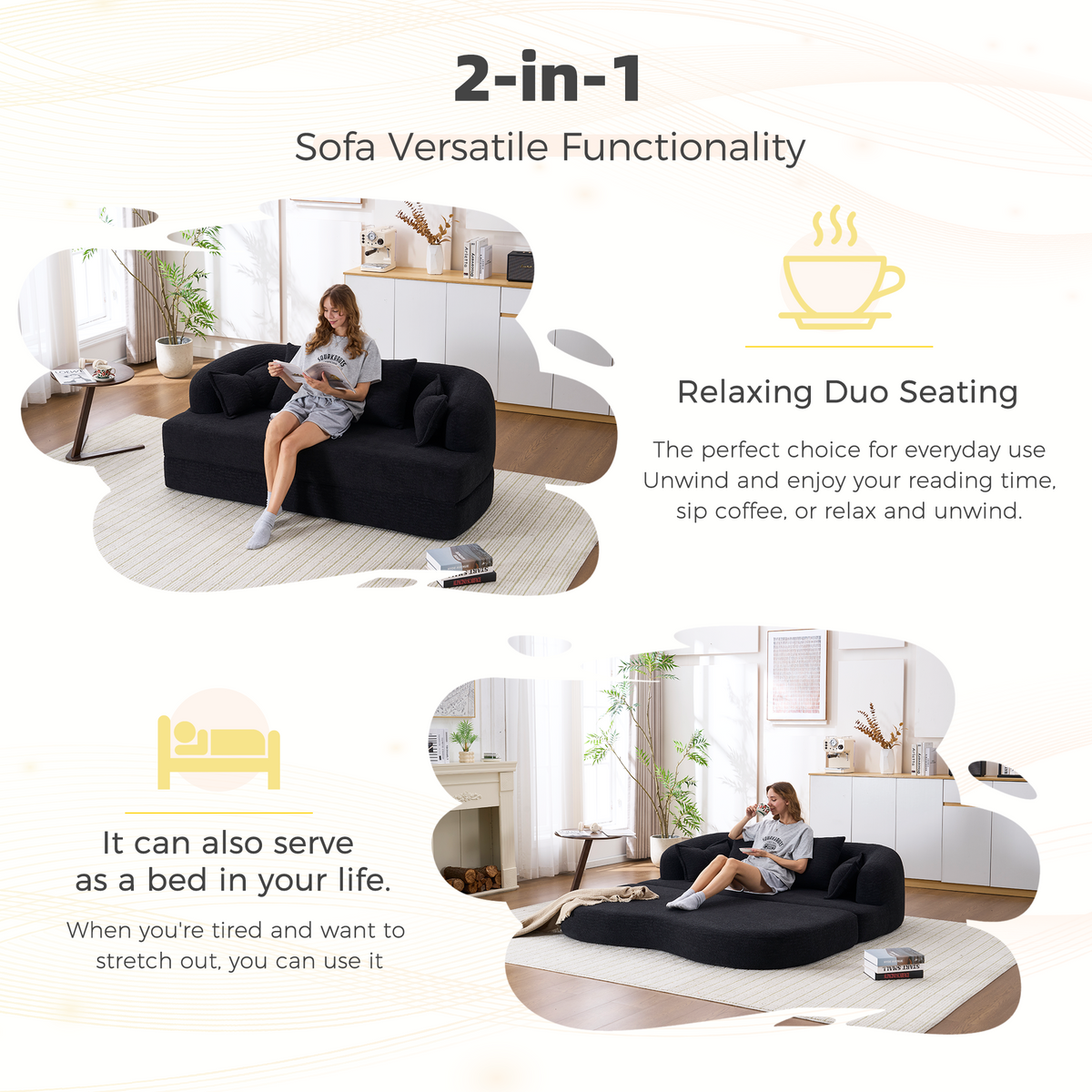 2-in-1 Foldable Sofa Bed with 4 Pillows - Chenille Upholstery
