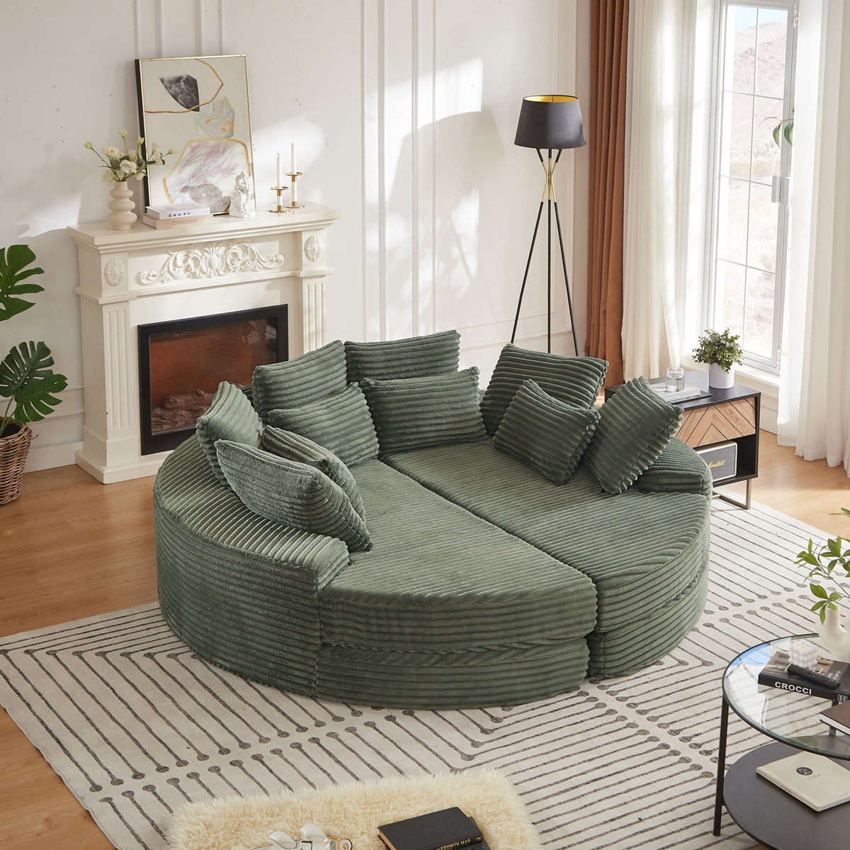Round Oversized Sofa Bed with 5 Throw Pillows - Corduroy