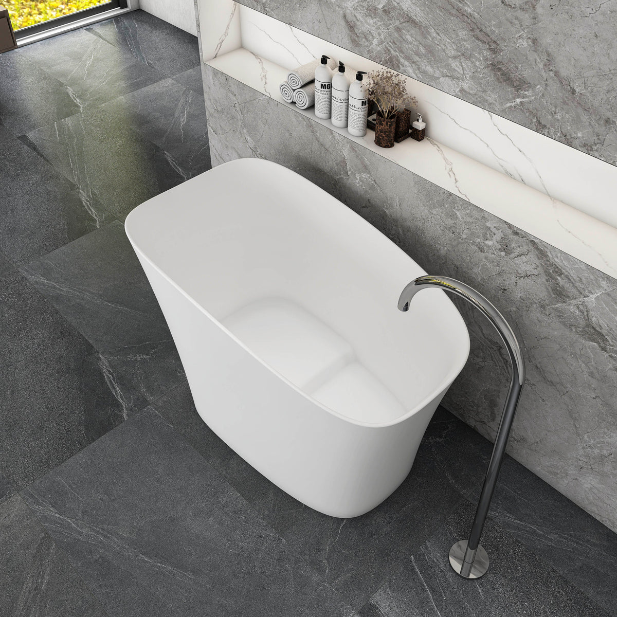 51-Inch Freestanding Solid Surface Deep Soaking Bathtub with Seat - Matte White
