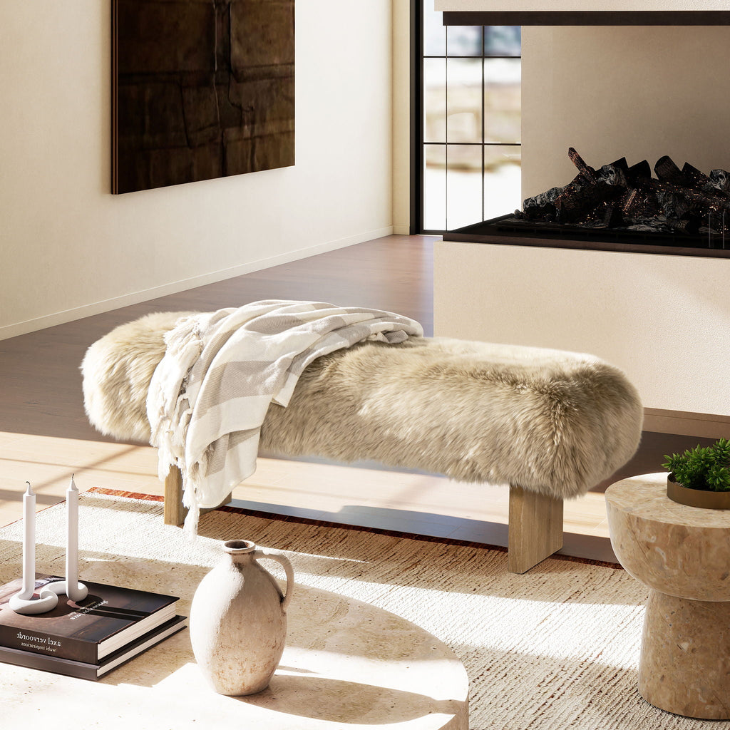 Natural Blonde Sheepskin Fur Rectangular Accent Bench with Plush Upholstery - 49"